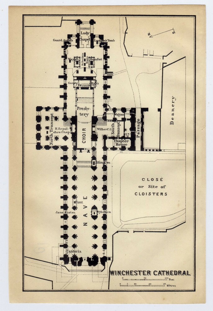 1910 Original Antique Plan Of Winchester  Cathedral / Hampshire / England