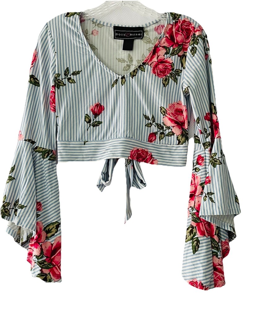 Polly & Esther Juniors Size Small Crop V-Neck Flared Sleeve Tie Back Top Shirt