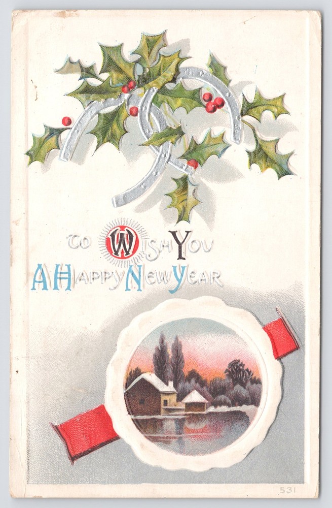 Holiday~Holly Horseshoes & Home New Year Greeting~Vintage Postcard