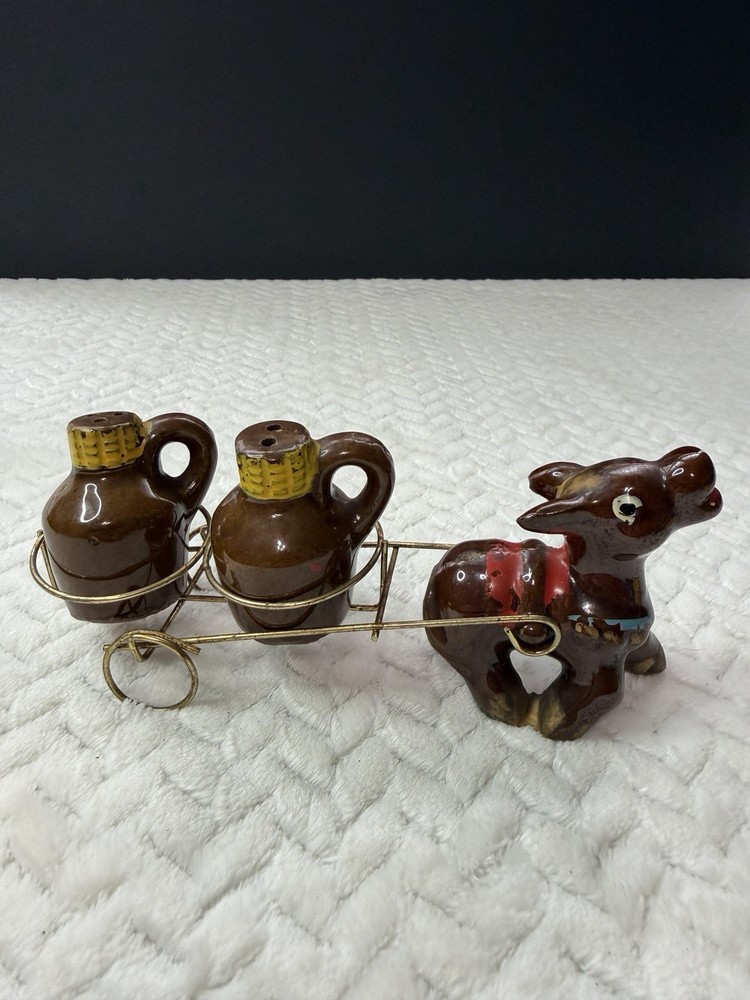 Donkey Cart Ceramic Salt & Pepper Shakers Set w/ Metal Caddy, 3-Piece