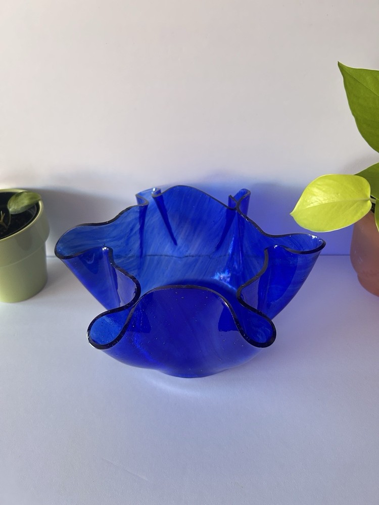 Cobalt Blue Pinched Ruffle Vase Swirled Hand Blown Handkerchief Vintage