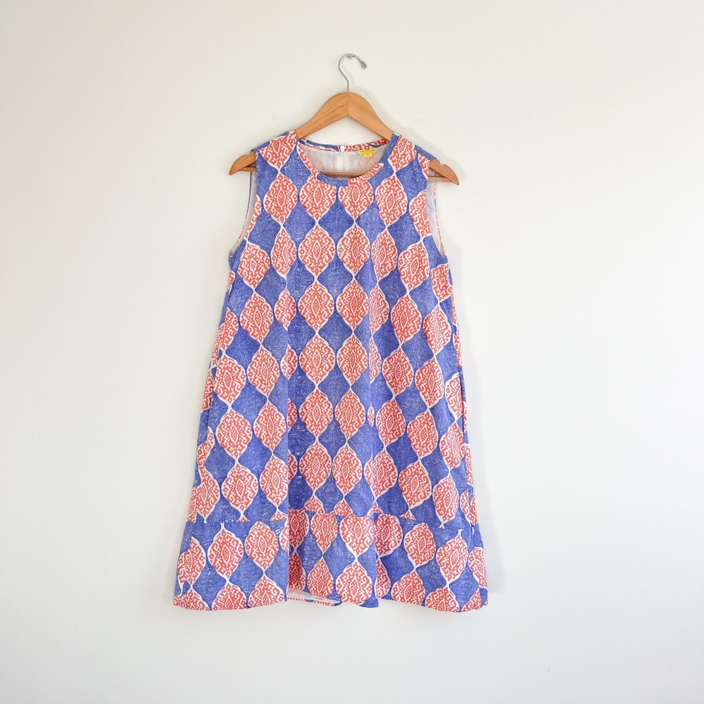 Roberta Roller Rabbit Fabiola Orange and Blue Sleeveless Mini Shift Dress Medium
