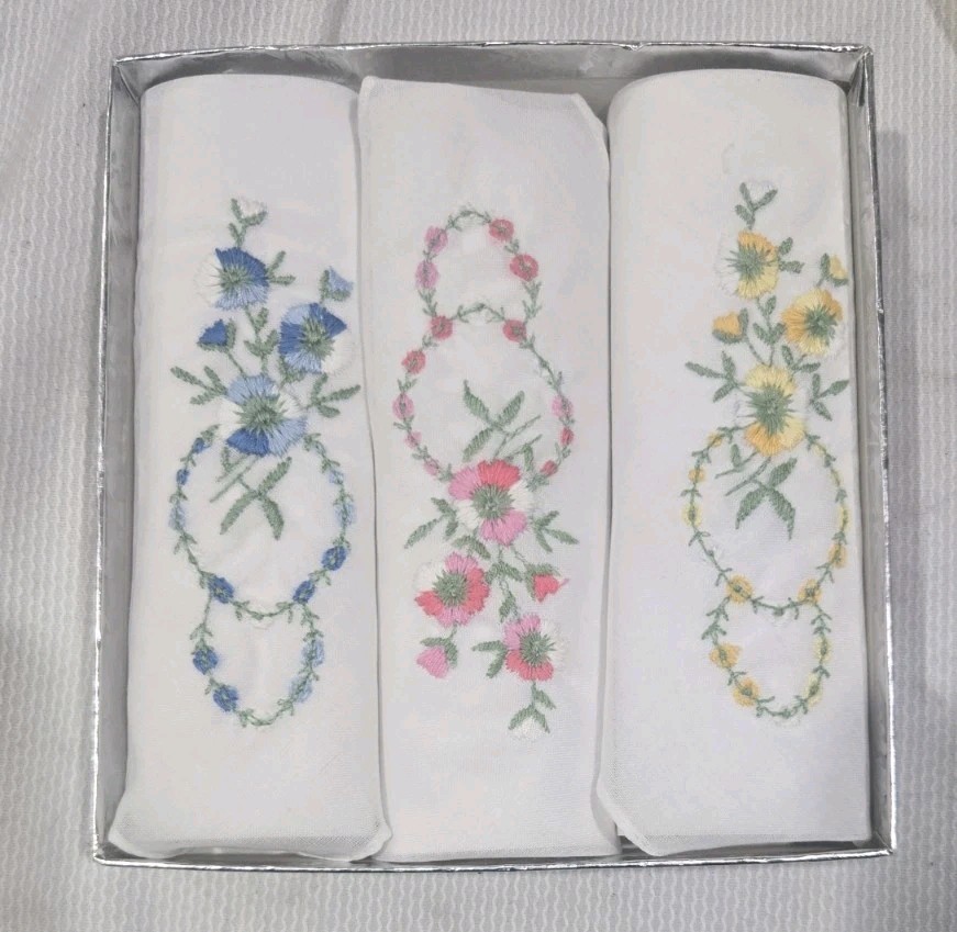 Vintage Embroidered Floral Handkerchiefs Set of 3 Sheer White Linen Cotton...