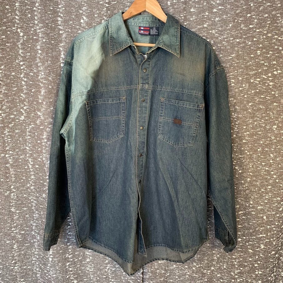 Vintage Bugle Boy Denim Button Up Snap Long Sleeve Shirt Sun Fade Men's XL