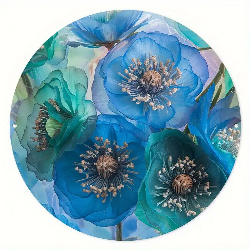 Vintage Floral Metal Wall Decor Green Poppies Country Style Round Sign