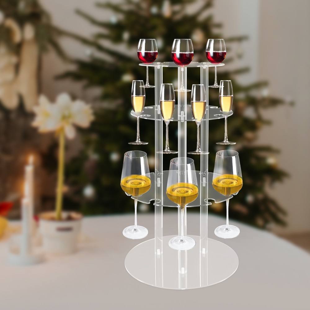 28-Slot Wine Glass Flight Server Stand Glass Display Rack Stemware Hanger 3-Tire