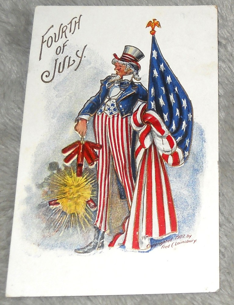 Lounsbury Uncle Sam American Flag Fireworks Fourth of July c1910 Postcard T8
