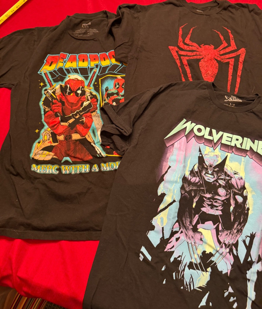 Lot of 3 Marvel/XMen Black Tshirts Wolverine/Dead Pool/Spider Man Size Large