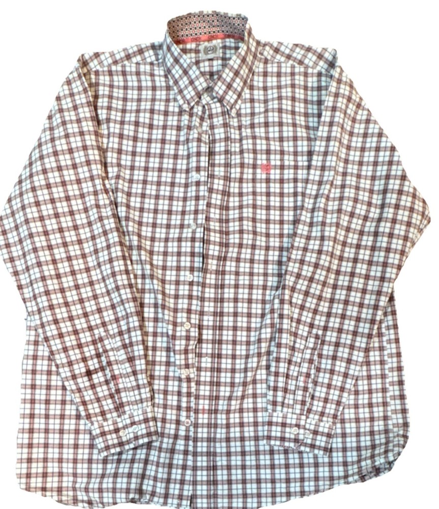Cinch Men’s XL Brown Pink White Plaid Cotton Button-Down Shirt Long Sleeve