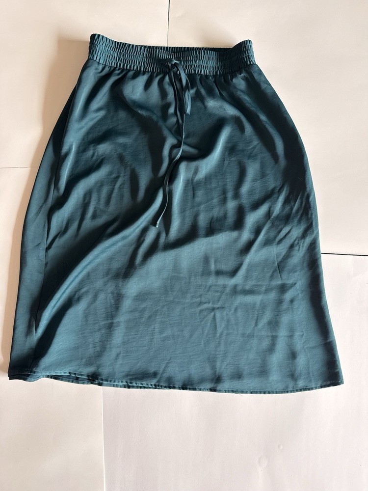 A New Day Womens Skirt Small Teal Green Holiday Party Satin Drawstring Midi