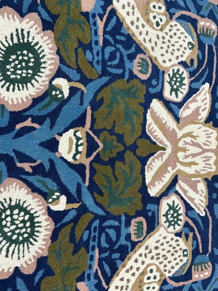 Vintage Floral Birds Area Rug Hand Tufted  Blue Multicolor Wool Carpet