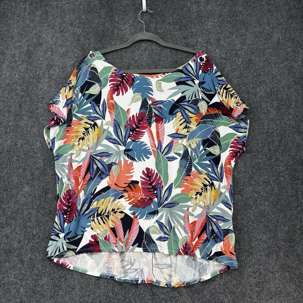 Cable & Gauge Colorful Cold Shoulder Top Women’s 1X Short Sleeve Flowy Tropical