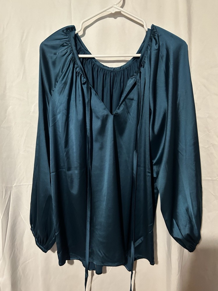 Womens XL Blue Solid Satin V-Neck Balloon Long Sleeve Tie Front Blouse