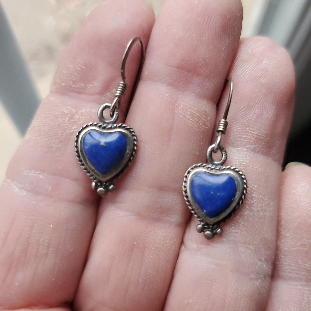 Sterling Silver Blue Heart Earrings Gemstone Dangle Vintage Style