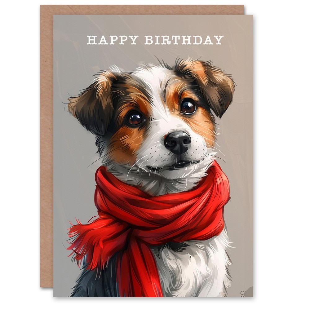 Birthday Card Dog Lover Red Scarf Cute Puppy Pet For Child Kids Greeting Card