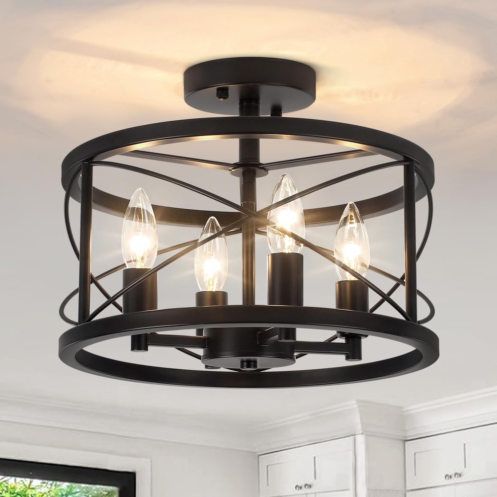 Black Semi Flush Mount Ceiling Light Fixture 4-Light Farmhouse Modern Metal Design