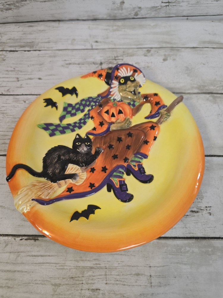 Fitz And Floyd Witch Hazel Broom Ceramic Halloween Wall Plate 9 Inch 3D Hanging
