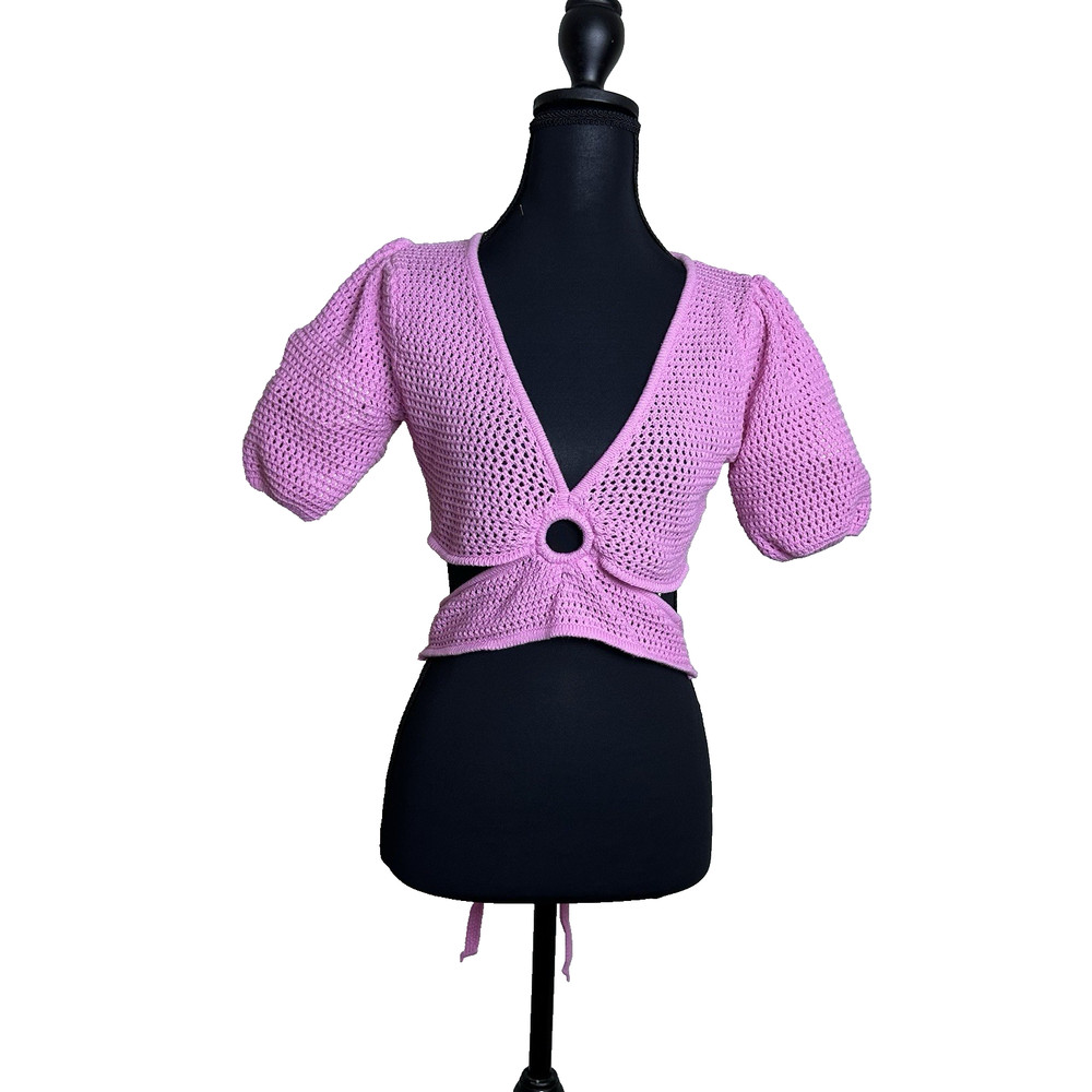 Womens Y2K Crochet Puff Sleeve Ring Front Tie Back Crop Top Pink Small Le Lis