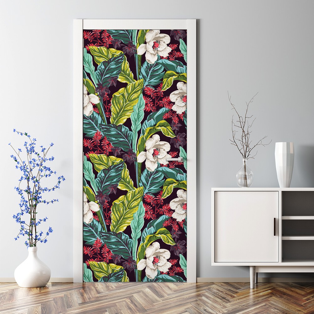 Bubble Free Door sticker Leaves and Flowers Dark Floral Floral self adhesive art