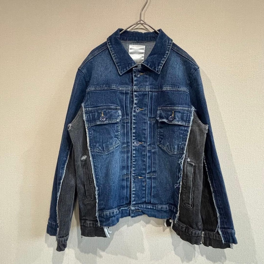 Sacai Gem Docking Denim Jacket M Black Indigo Patchwork Side Zip Near Mint