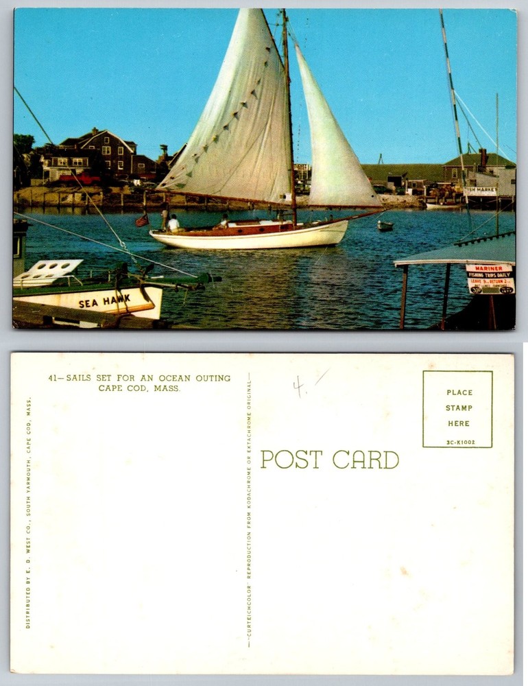 Vintage Cape Cod MA Sailboat Postcard E. D. West Curteichcolor Unposted
