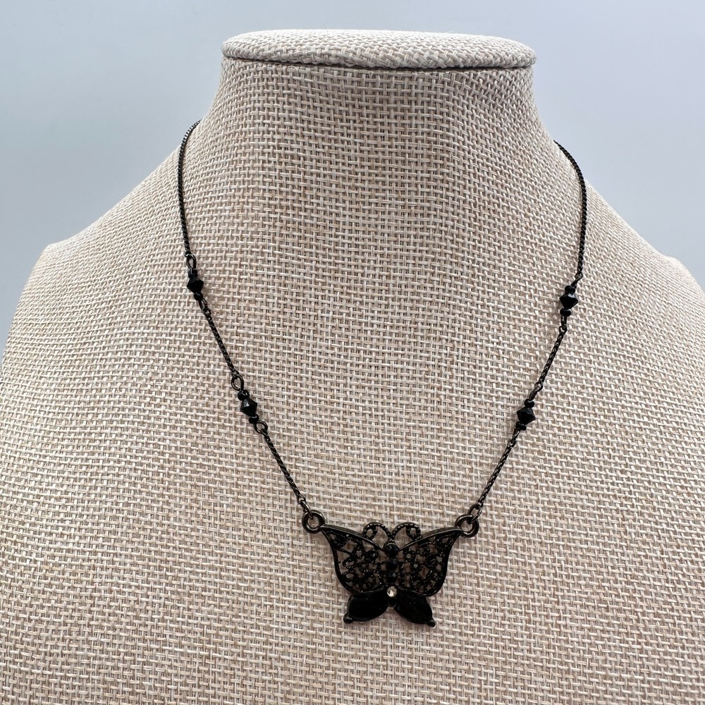 Vintage Y2K Rhinestone Filigree Butterfly Pendant Necklace Statement Jewelry