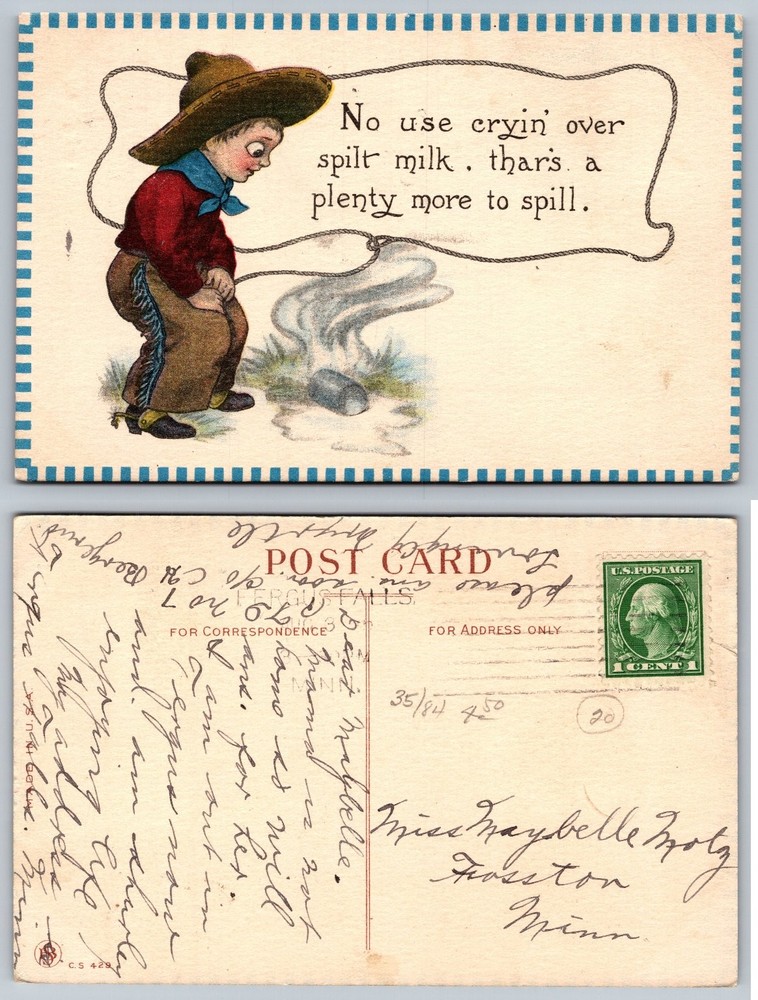 Humorous Cowboy Spilled Milk Postcard, Fergus Falls Postmark 1909-10
