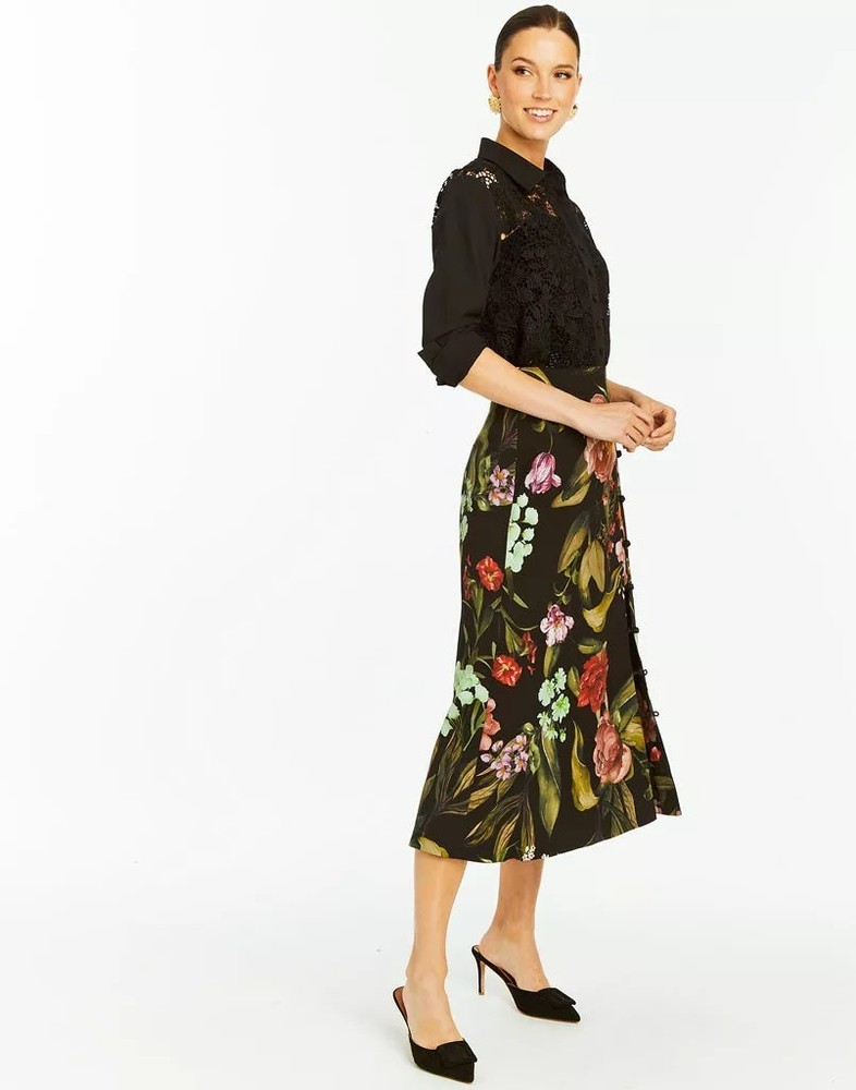 NWT Mestiza Althea Midi Skirt Sz 2 Black Floral Preppy Designer Classic