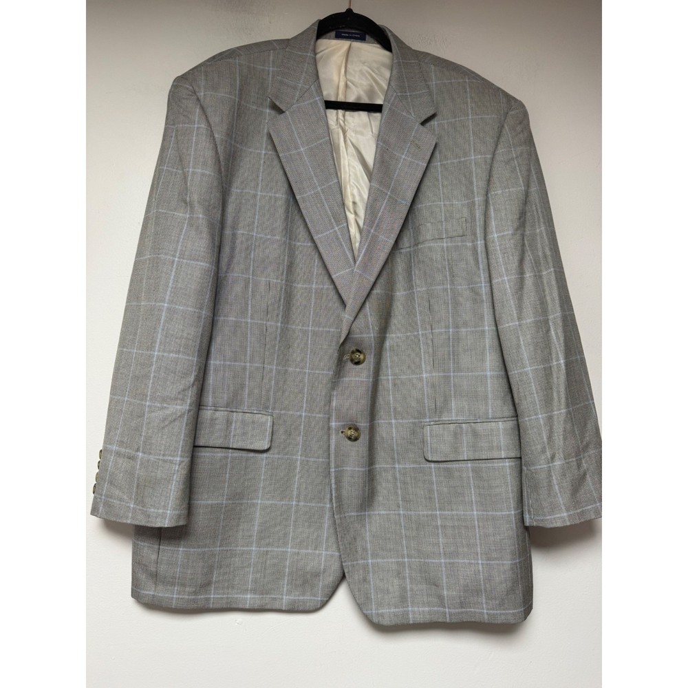 Mens 46R Grey Plaid Silk Wool Blend Sport Coat Blazer Jacket