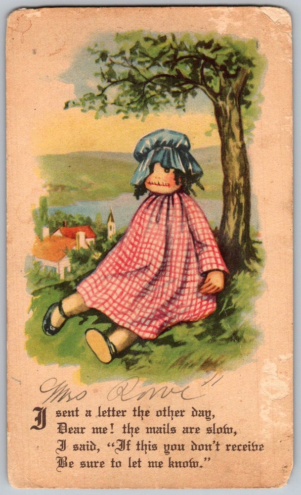 Antique Postcard Rag Doll Under Tree 1910s