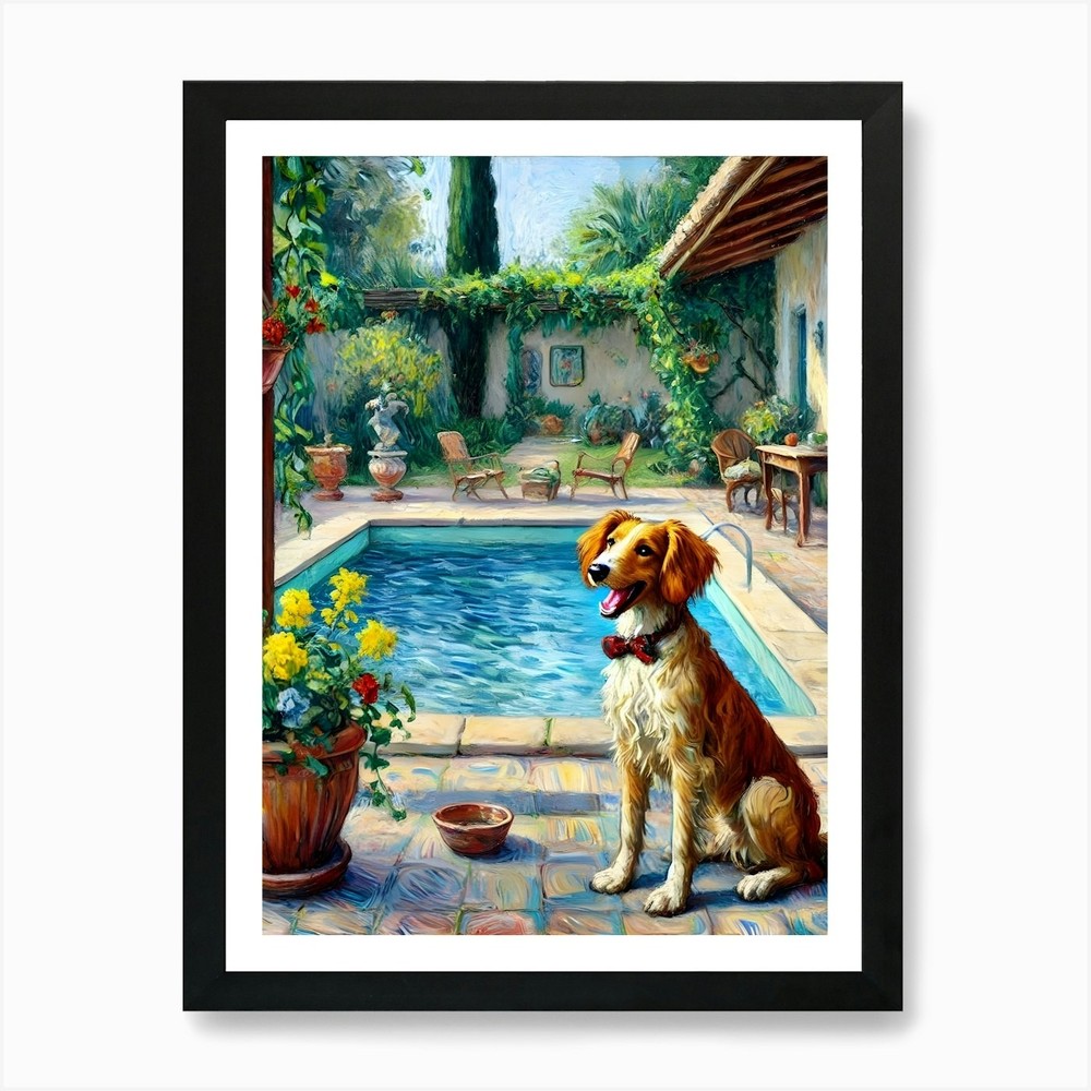 Dog by the Pool Framed Wall Art Canvas Print Poster Picture  