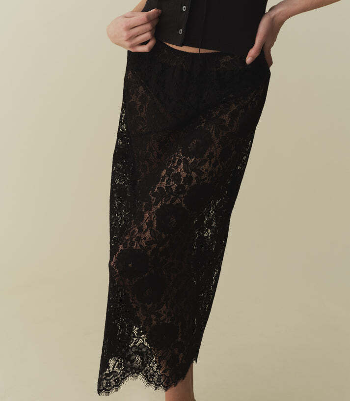 Doen Women Cotton Lace Cutout Embroidery Embellished Slim Midi Skirt