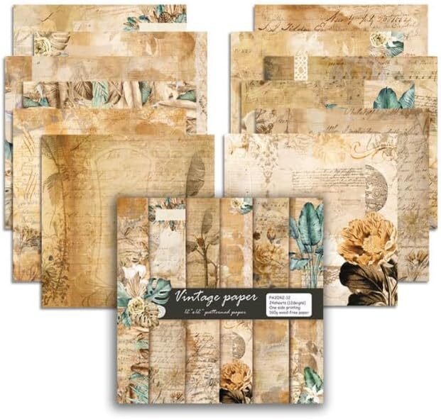 24 Sheets 12 Design Rustic Vintage Decorative Acid Free Scrapbook Paper Set 12