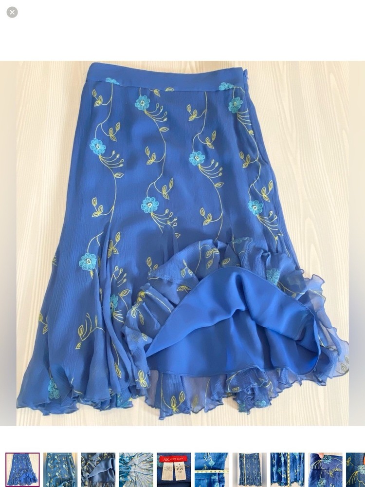 Anne Klein Silk Embroidered Beaded Periwinkle Blue Gored Ruffle Midi Skirt Sz 6