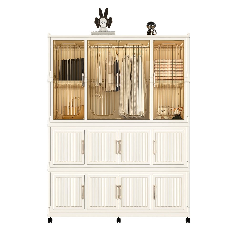 12 Cubes Portable Wardrobe Closet With Hanging Rod Cream White