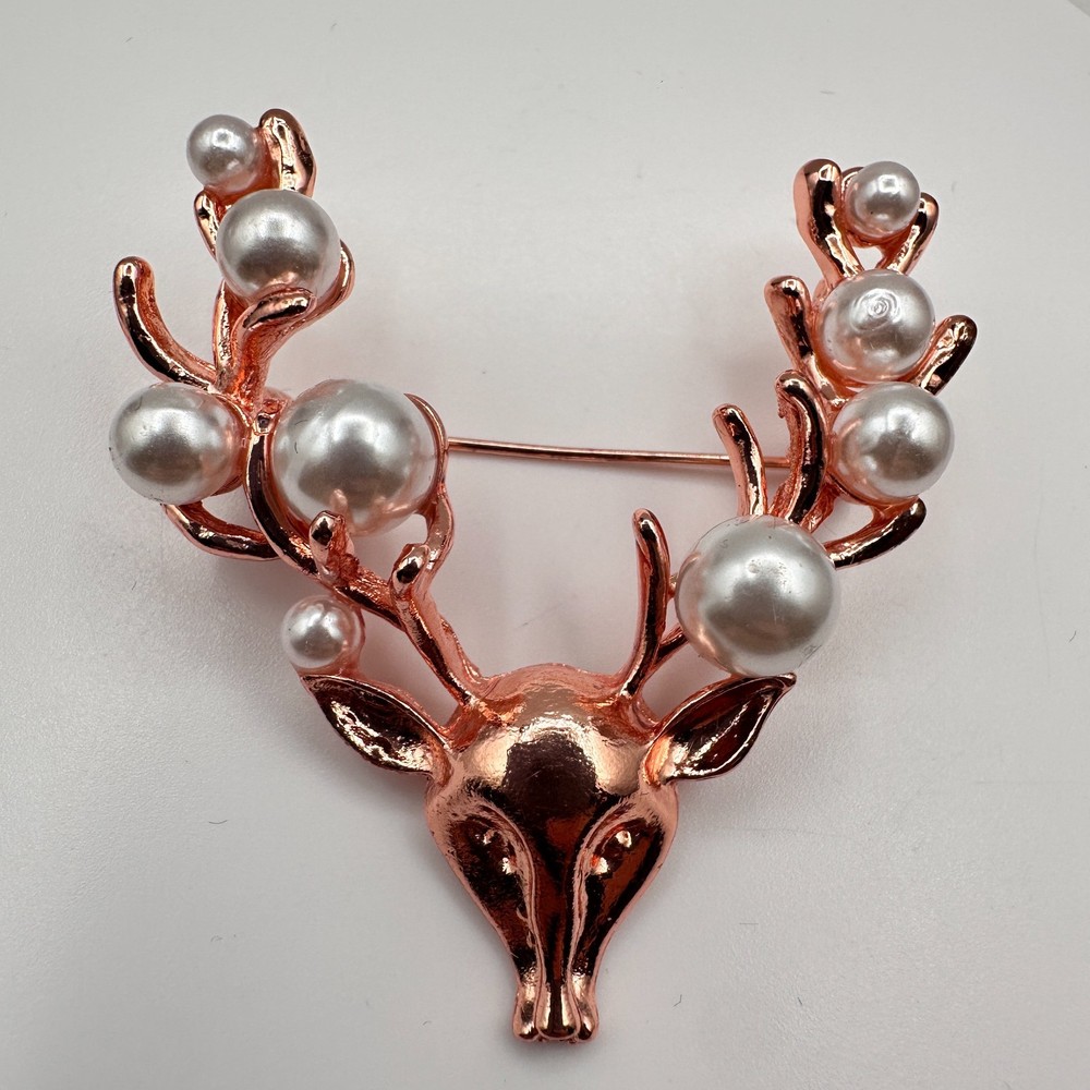 Vintage 90s Rose Gold Tone Faux Pearl Deer Antler Brooch Pin Reindeer Jewelry