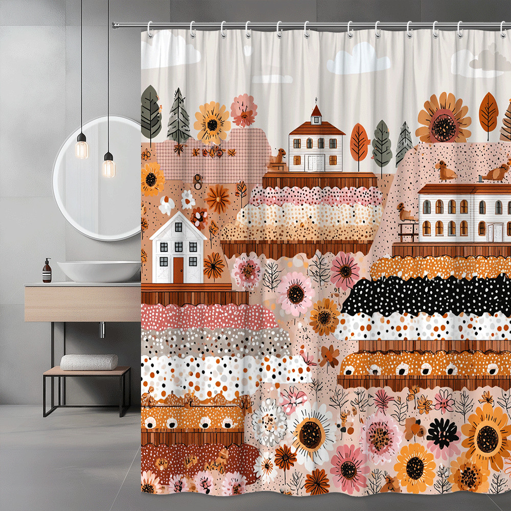 Farmhouse Floral Shower Curtain, Orange Pink Boho Village Print
