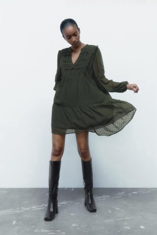 EUC Zara DOT MESH DRESS WITH LACE TRIM in Khaki Green Women's Large NWT