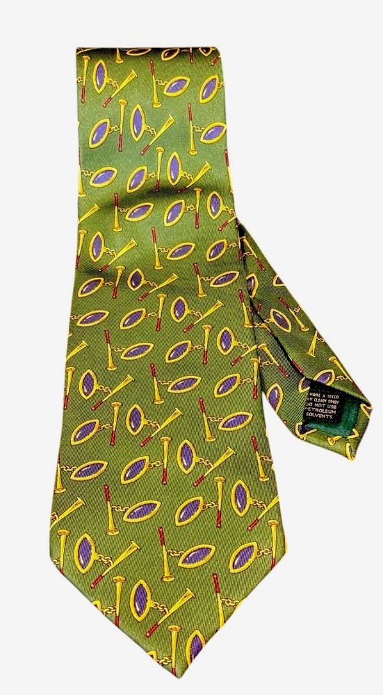 Gucci Vintage Silk Tie Green Gold Chain Equestrian Print Italy AS IS