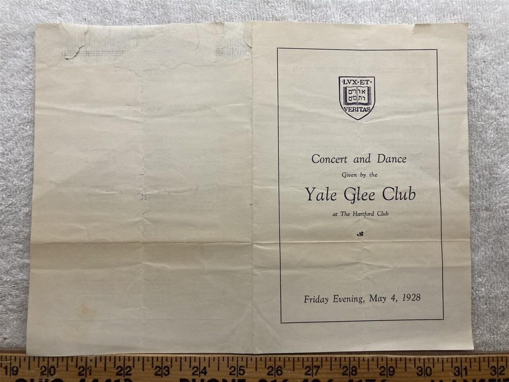 1928 Yale Glee Club Hartford CT Concert Dance Program  Vtg