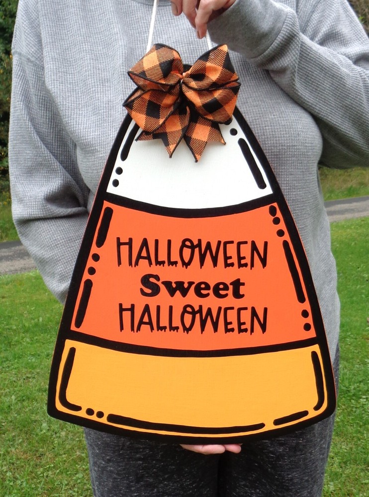 Halloween Sweet Halloween CANDY CORN SIGN  Door Plaque Fall Autumn Decoration