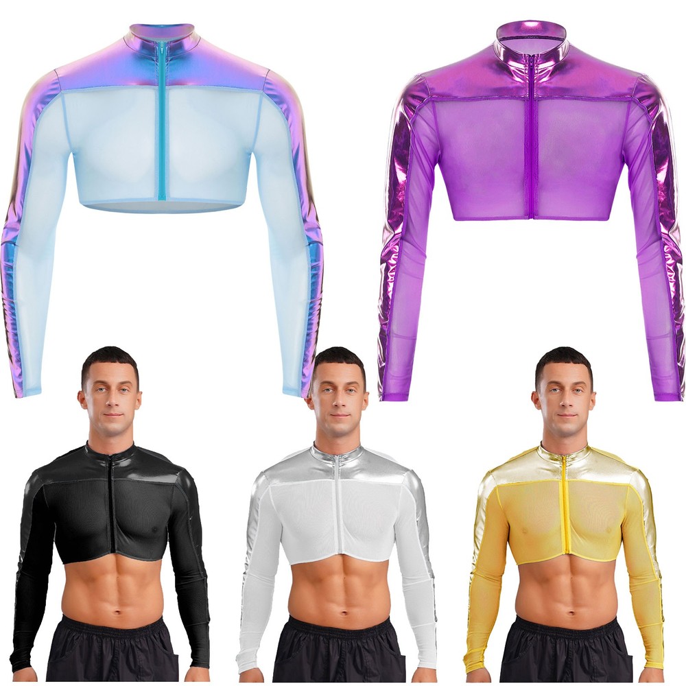 US Men's See Through Mesh Crop Top Metallic Patchwork Shiny Undershirts Clubwear