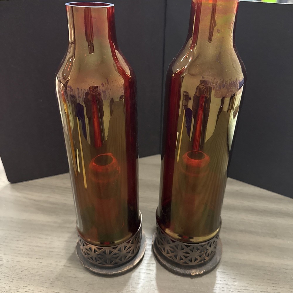 Vintage Mason Candlelight Co Red Glass Candle Holders Pair Metal Base NJ