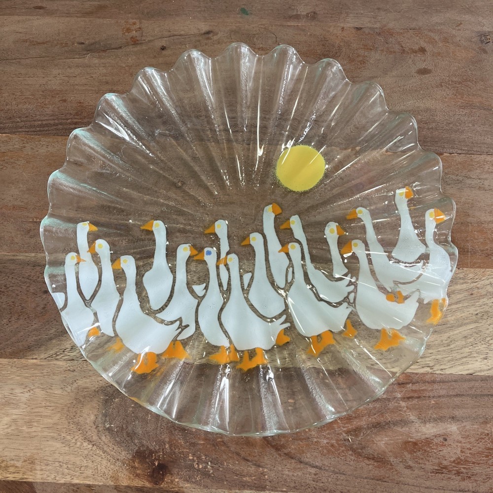Vintage 12” Fused Art Glass Plate Geese Sun Serving Platter  signed Kelleher ✍️