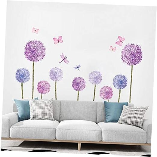 Purple Dandelions Wall Stickers Butterflies Flower Wall Decals Wall Art Decor