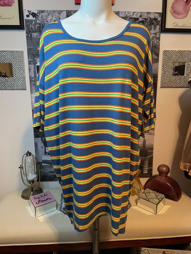 New Woman's LuLaRoe Blue Yellow Orange Green Pattern Short Sleeve IRMA Top S