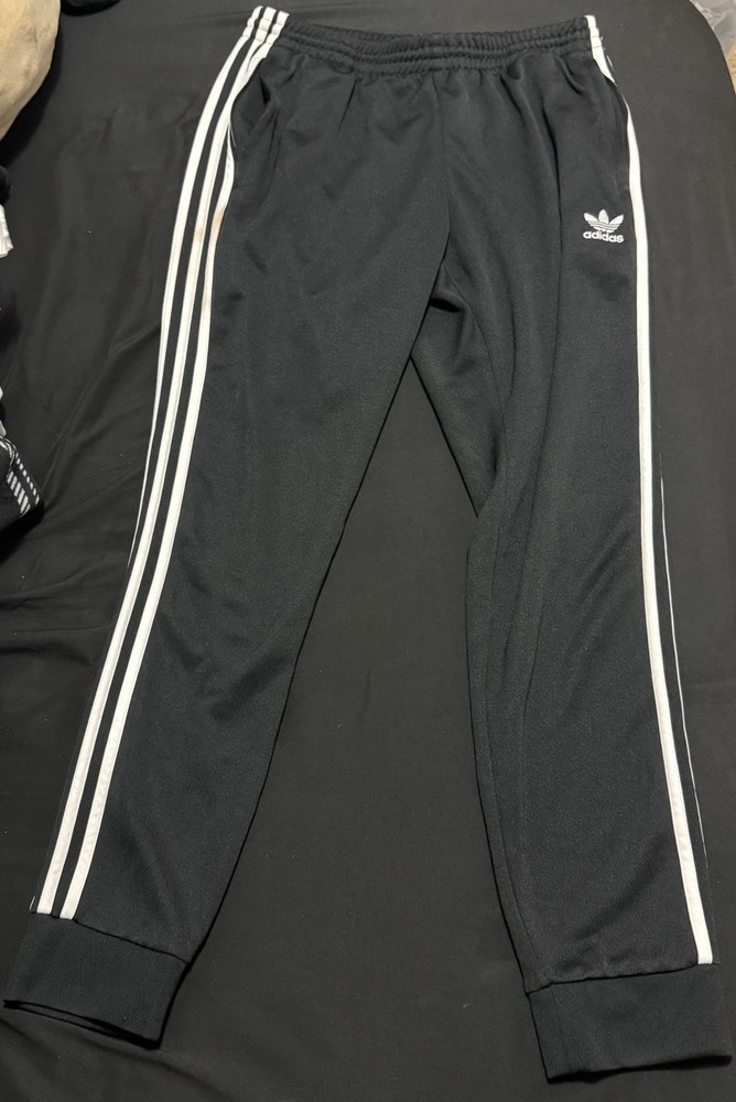 adidas Originals Men's Black Striped Track Pants L Tapered Stretch Drawstring