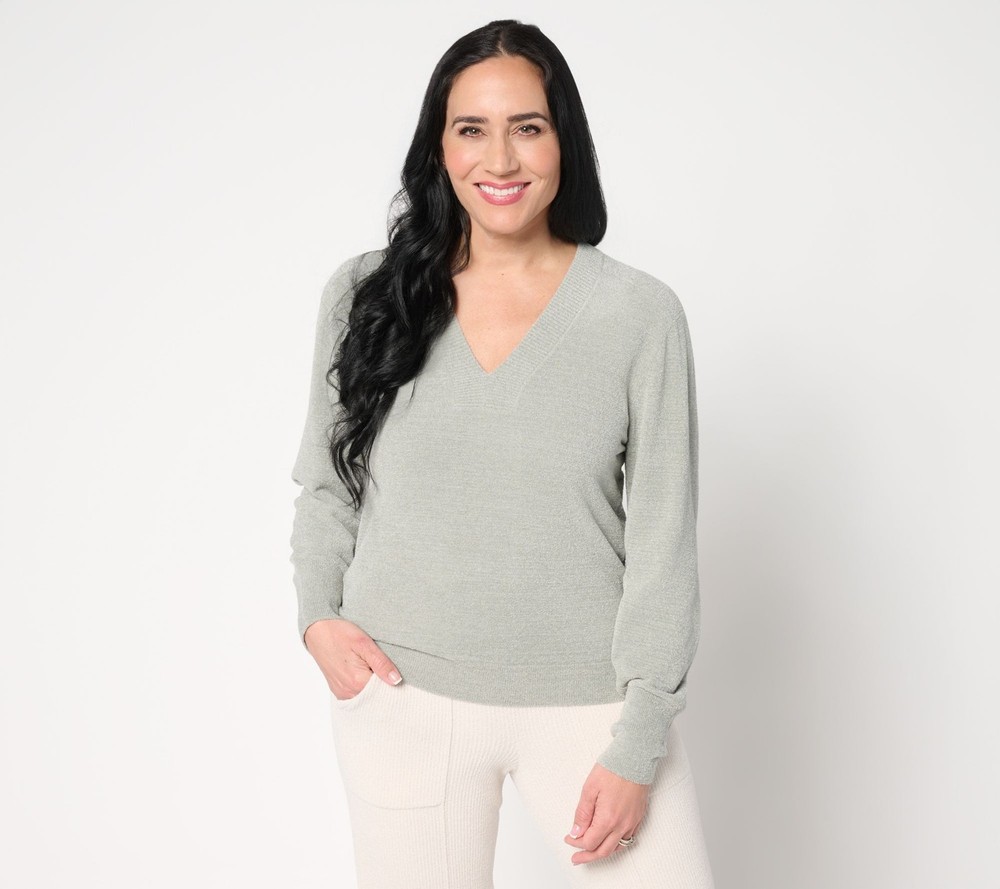 SUNNYLiFE Women's Top Sz XS CozyChic Ultra Lite V-Neck Pullover Gray A710052