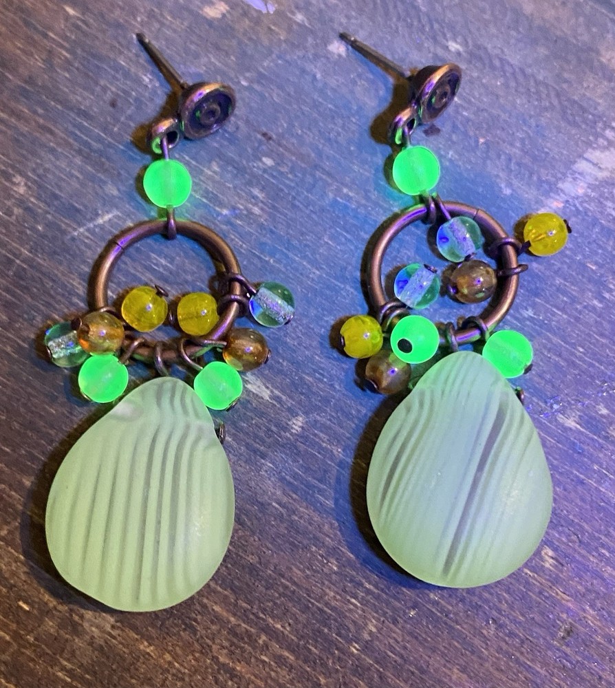 Vintage Uranium Glass Dangle Earrings UV Reactive Frosted Green