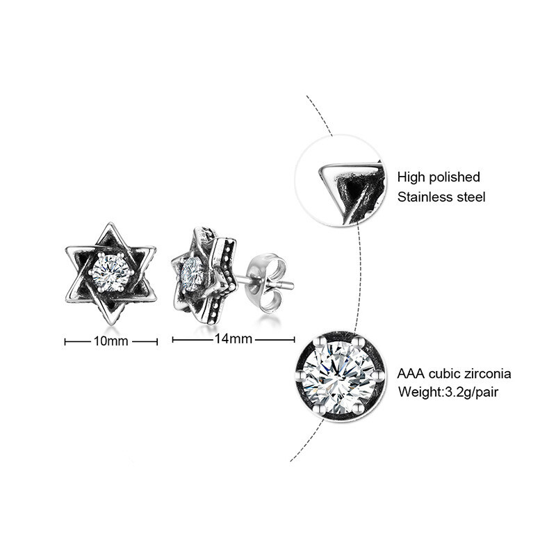 Stainless Steel Zircon Six Star Earrings Men's Personalized Jewelry Gift Pair